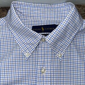 Ralph Lauren White Blue Checkered Slim Fit Button Down Long Sleeve Shirt 16 1/2